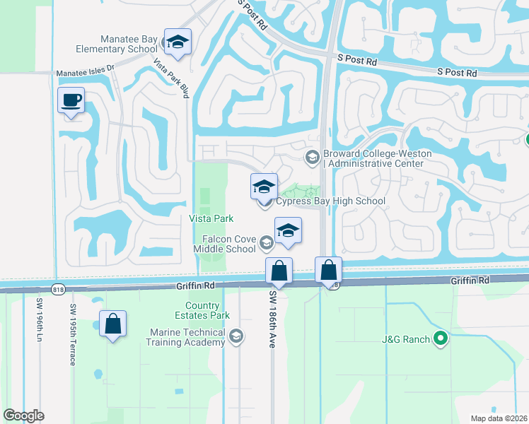 map of restaurants, bars, coffee shops, grocery stores, and more near 18600 Vista Park Blvd in Weston