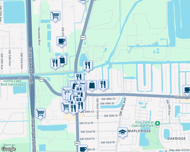 map of restaurants, bars, coffee shops, grocery stores, and more near 4681 Southwest 43rd Terrace in Fort Lauderdale