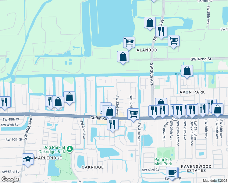 map of restaurants, bars, coffee shops, grocery stores, and more near 4470 Southwest 34th Avenue in Fort Lauderdale