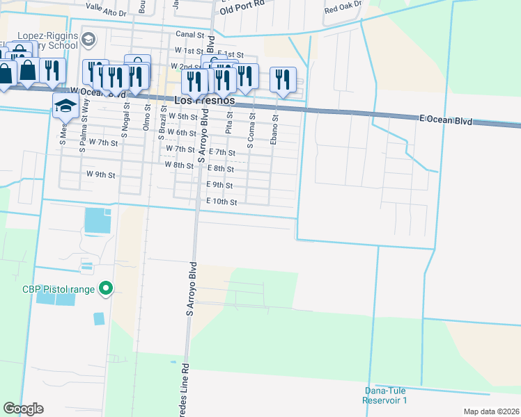 map of restaurants, bars, coffee shops, grocery stores, and more near 310 East 10th Street in Los Fresnos