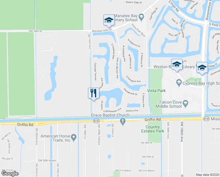 map of restaurants, bars, coffee shops, grocery stores, and more near 19430 Stonebrook Street in Weston