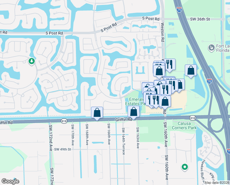 map of restaurants, bars, coffee shops, grocery stores, and more near 16445 Sapphire Place in Weston