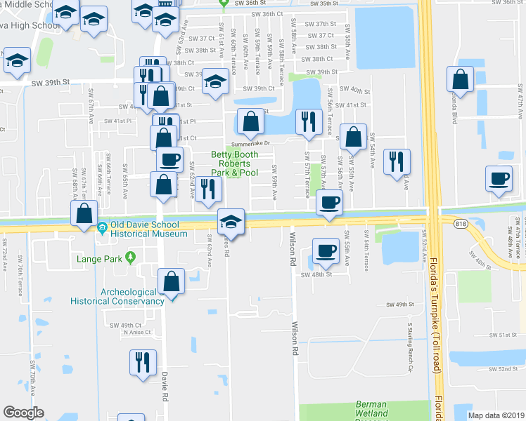 map of restaurants, bars, coffee shops, grocery stores, and more near 5951 Southwest 45th Street in Davie