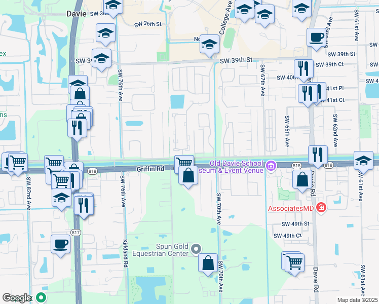 map of restaurants, bars, coffee shops, grocery stores, and more near 7206 Southwest 44th Court in Davie