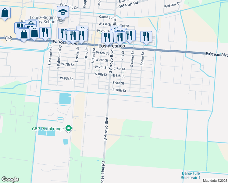 map of restaurants, bars, coffee shops, grocery stores, and more near 105 Alvarez Court in Los Fresnos