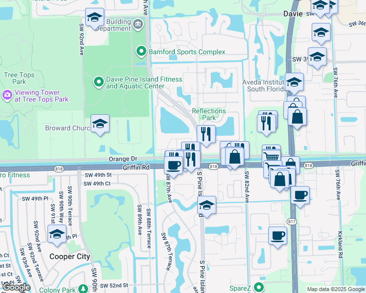 map of restaurants, bars, coffee shops, grocery stores, and more near 8660 Blaze Court in Cooper City
