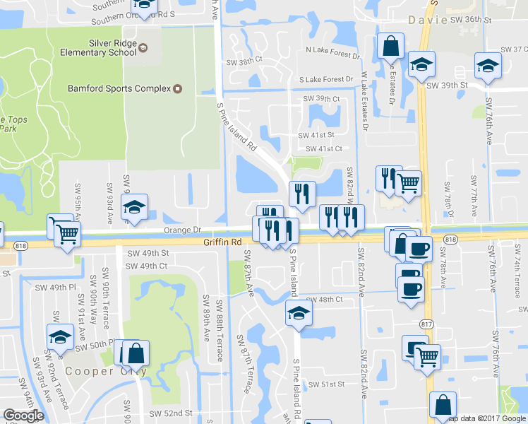 map of restaurants, bars, coffee shops, grocery stores, and more near 8660 Blaze Court in Cooper City