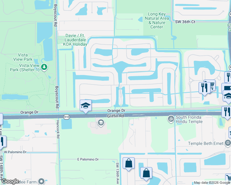 map of restaurants, bars, coffee shops, grocery stores, and more near 4234-4498 Southwest 136th Avenue in Davie