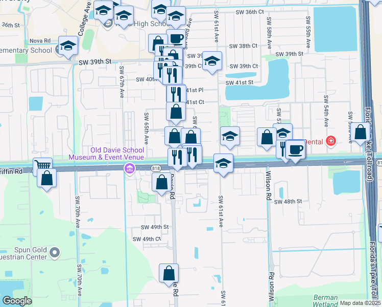 map of restaurants, bars, coffee shops, grocery stores, and more near 6200 Orange Drive in Davie