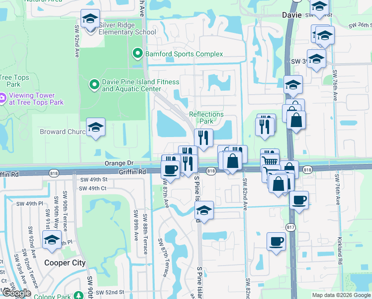map of restaurants, bars, coffee shops, grocery stores, and more near 8660 Blaze Court in Cooper City