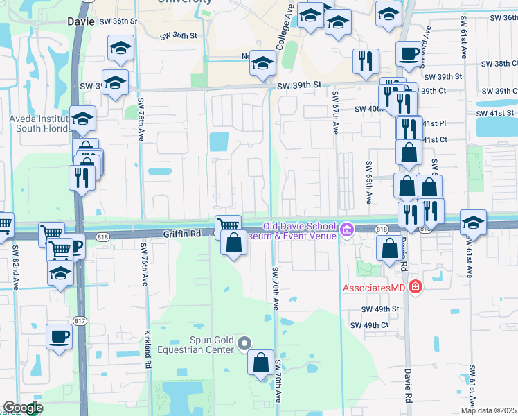map of restaurants, bars, coffee shops, grocery stores, and more near 4425 Southwest 70th Terrace in Davie