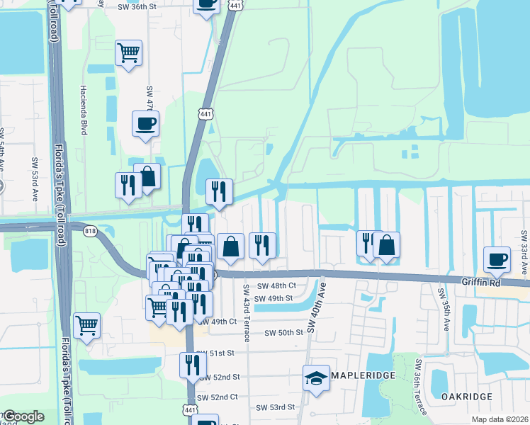 map of restaurants, bars, coffee shops, grocery stores, and more near 4611 Southwest 42nd Terrace in Fort Lauderdale