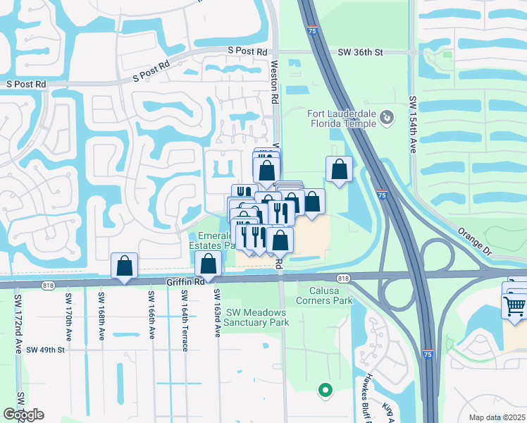 map of restaurants, bars, coffee shops, grocery stores, and more near 4581 Weston Road in Weston