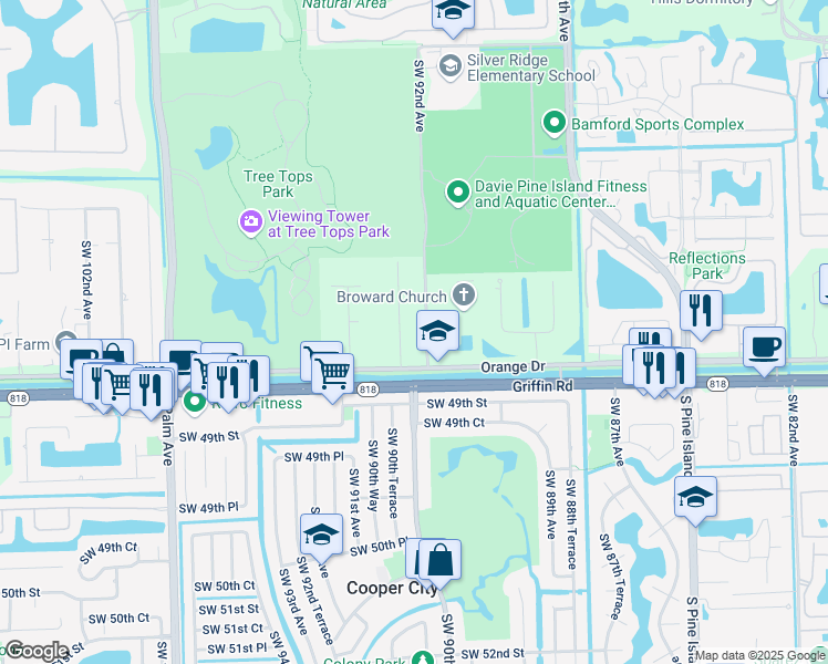 map of restaurants, bars, coffee shops, grocery stores, and more near 93 The Common in Davie