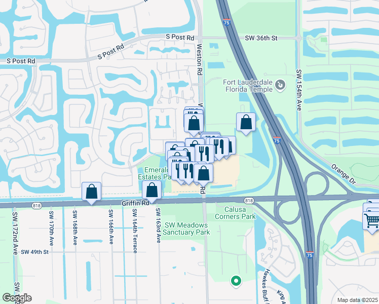 map of restaurants, bars, coffee shops, grocery stores, and more near 4581 Weston Road in Weston