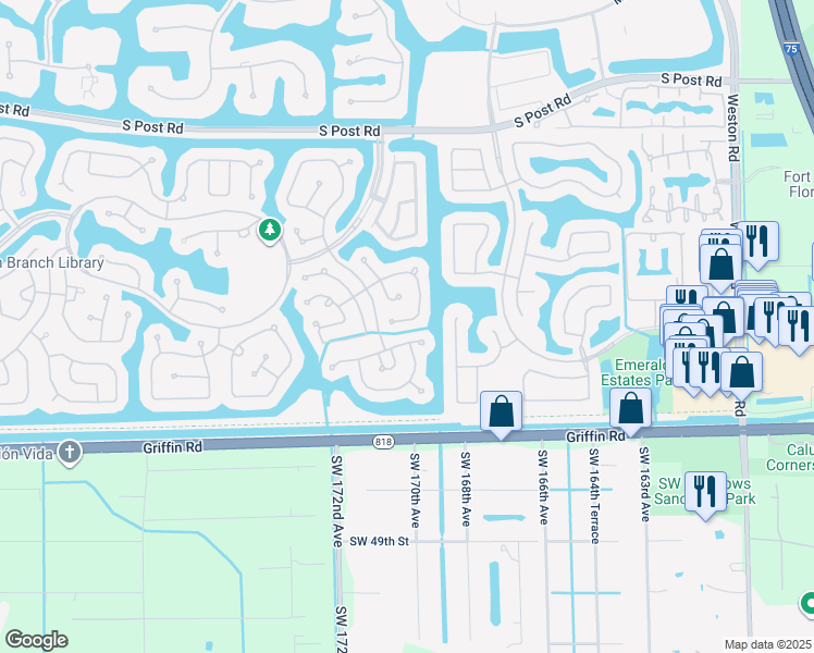 map of restaurants, bars, coffee shops, grocery stores, and more near 4214 Sabal Ridge Circle in Weston