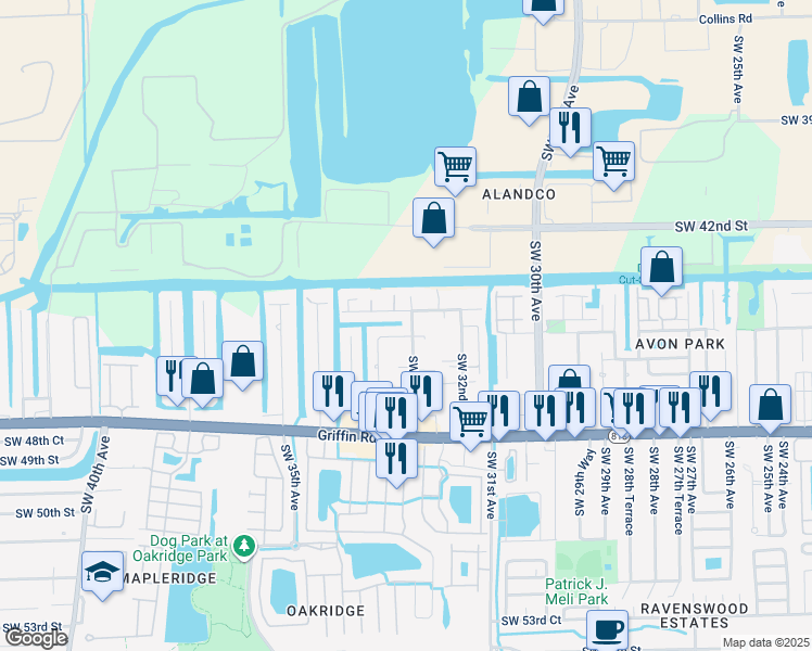 map of restaurants, bars, coffee shops, grocery stores, and more near 3341 Southwest 44th Street in Fort Lauderdale