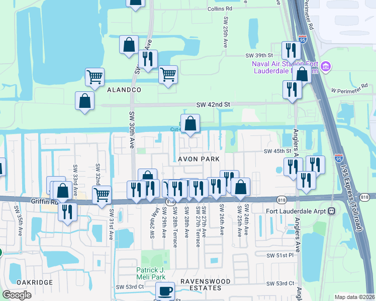 map of restaurants, bars, coffee shops, grocery stores, and more near 2710 Treasure Cove Circle in Fort Lauderdale