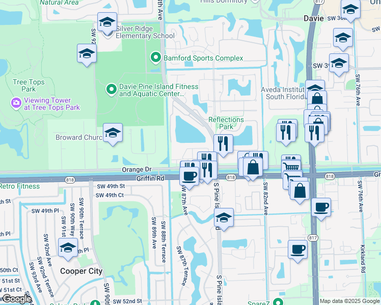 map of restaurants, bars, coffee shops, grocery stores, and more near 8621 Buckskin Manor in Cooper City