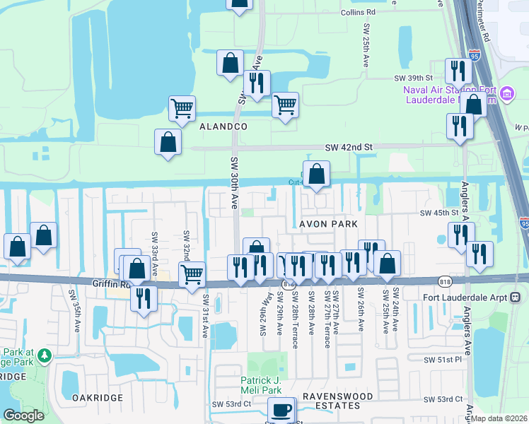 map of restaurants, bars, coffee shops, grocery stores, and more near 2892 Hidden Harbour Court in Fort Lauderdale