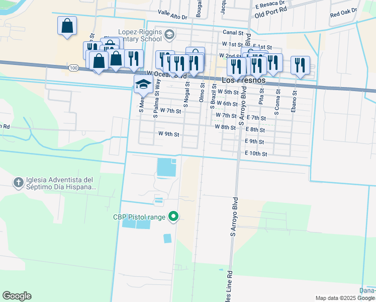 map of restaurants, bars, coffee shops, grocery stores, and more near 301 W 9th St in Los Fresnos