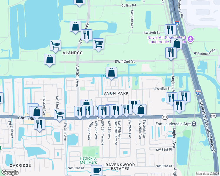 map of restaurants, bars, coffee shops, grocery stores, and more near 2710 Treasure Cove Circle in Fort Lauderdale