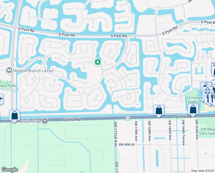 map of restaurants, bars, coffee shops, grocery stores, and more near 4240 Pine Ridge Court in Weston