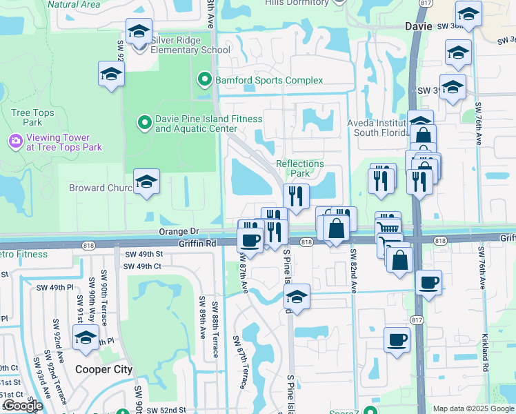 map of restaurants, bars, coffee shops, grocery stores, and more near 8621 Buckskin Manor in Cooper City