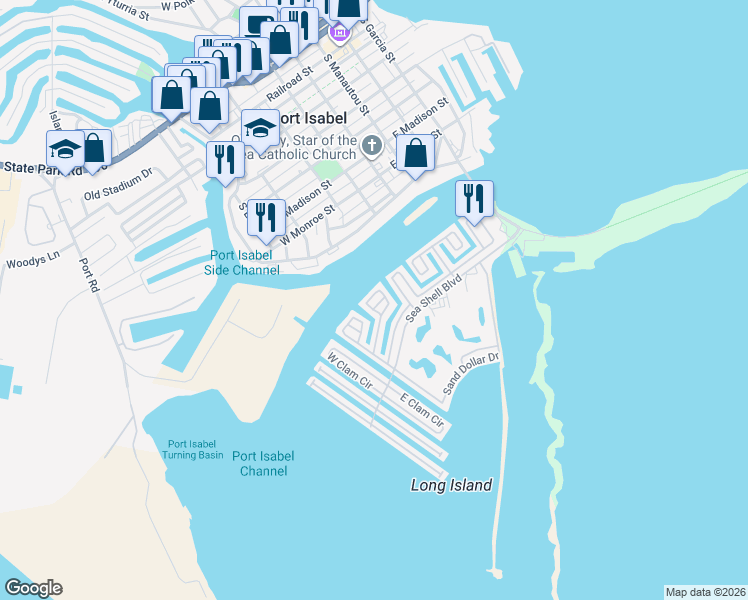 map of restaurants, bars, coffee shops, grocery stores, and more near 306 Sun Dial Circle in Port Isabel