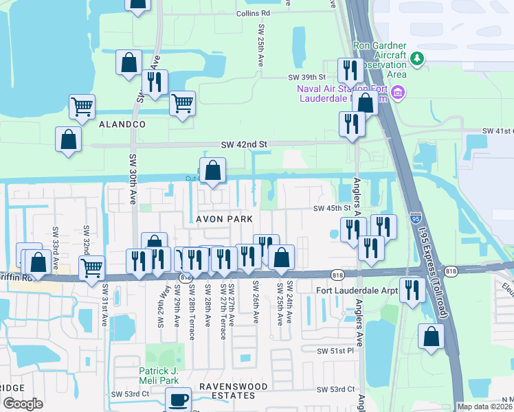 map of restaurants, bars, coffee shops, grocery stores, and more near 4437 Southwest 25th Terrace in Fort Lauderdale