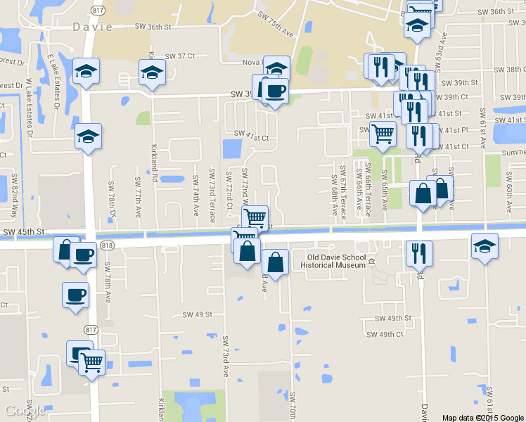 map of restaurants, bars, coffee shops, grocery stores, and more near 4349 Southwest 70th Terrace in Davie