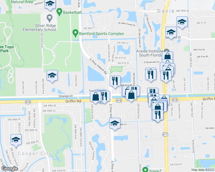 map of restaurants, bars, coffee shops, grocery stores, and more near 4402 Morgan Lane in Cooper City