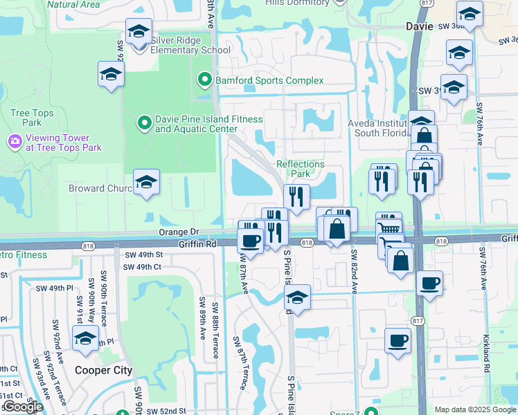 map of restaurants, bars, coffee shops, grocery stores, and more near 8621 Buckskin Manor in Cooper City