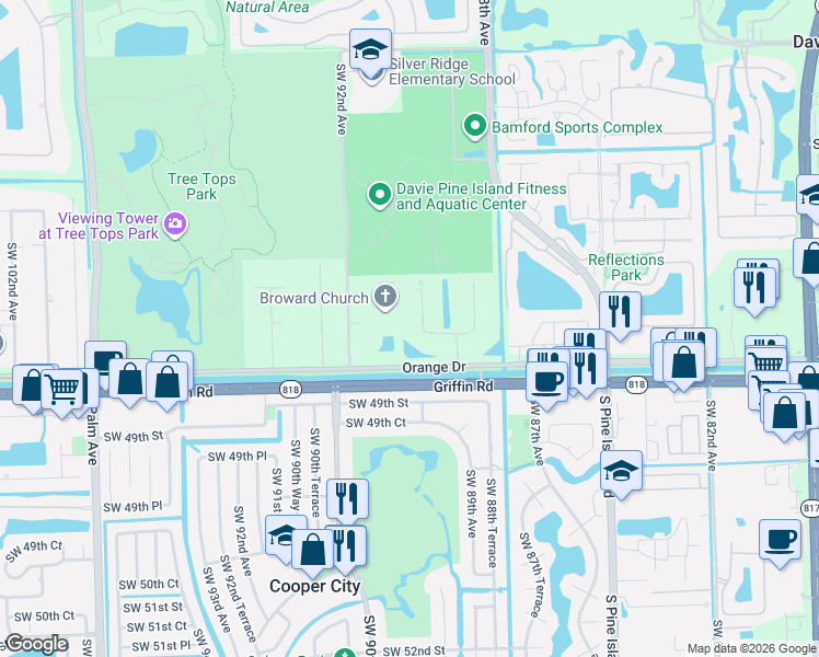 map of restaurants, bars, coffee shops, grocery stores, and more near 4435 Parkside Road in Davie