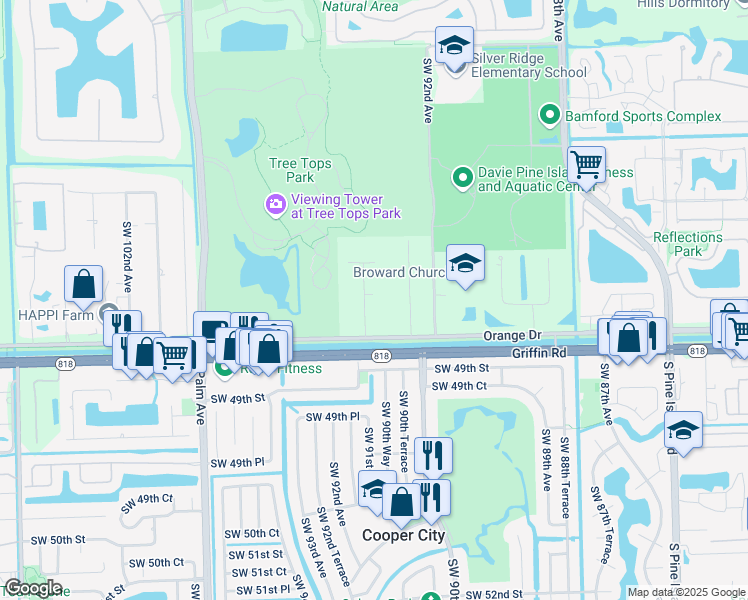 map of restaurants, bars, coffee shops, grocery stores, and more near 93 The Common in Davie