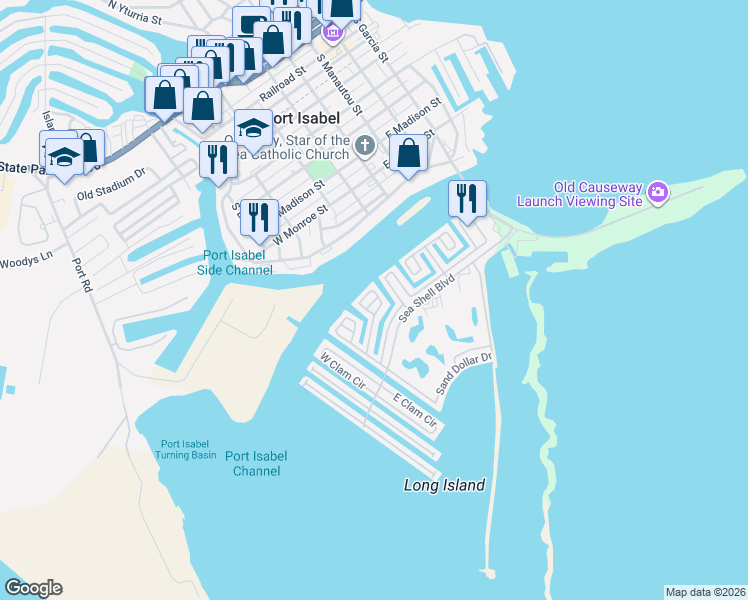 map of restaurants, bars, coffee shops, grocery stores, and more near 306 Sun Dial Circle in Port Isabel