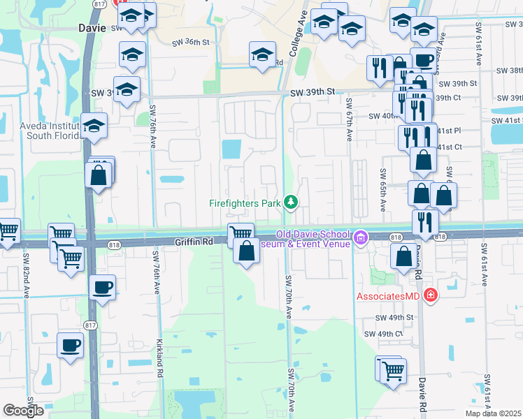 map of restaurants, bars, coffee shops, grocery stores, and more near 4349 Southwest 70th Terrace in Davie
