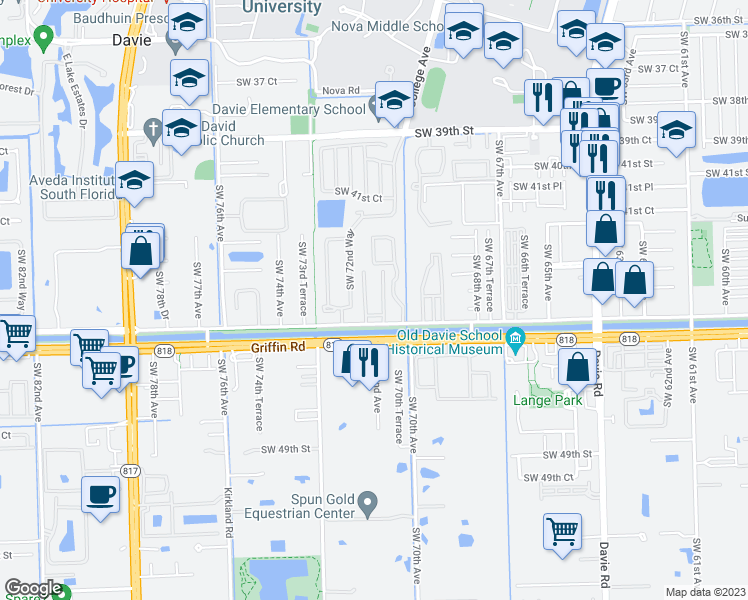 map of restaurants, bars, coffee shops, grocery stores, and more near 4349 Southwest 70th Terrace in Davie
