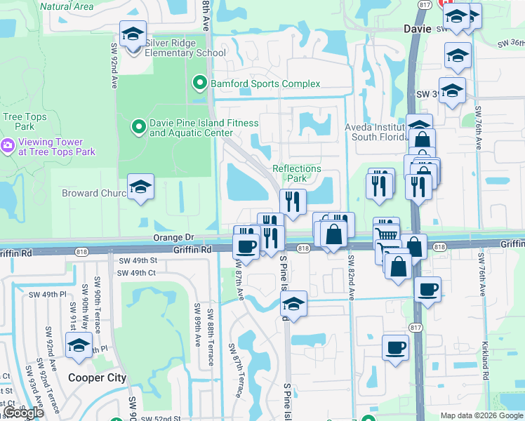 map of restaurants, bars, coffee shops, grocery stores, and more near 8621 Buckskin Manor in Cooper City