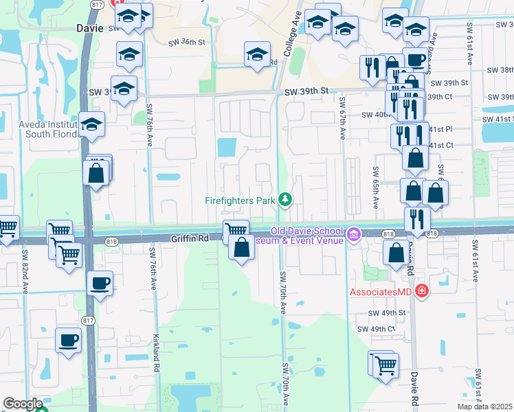 map of restaurants, bars, coffee shops, grocery stores, and more near 4349 Southwest 70th Terrace in Davie