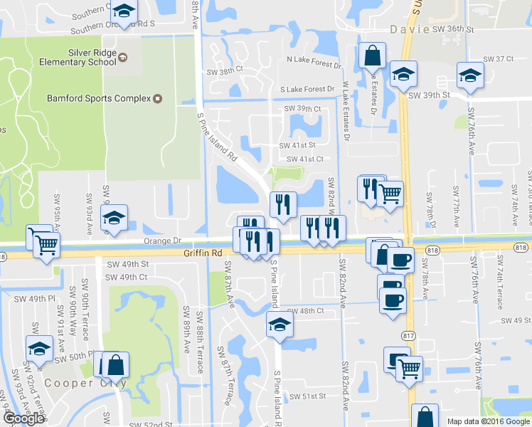 map of restaurants, bars, coffee shops, grocery stores, and more near 4402 Morgan Lane in Cooper City