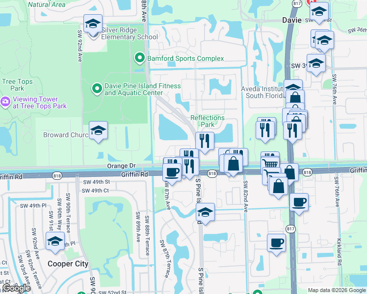 map of restaurants, bars, coffee shops, grocery stores, and more near 8621 Buckskin Manor in Cooper City