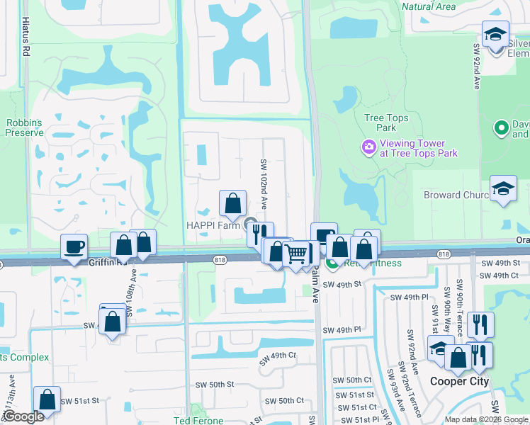 map of restaurants, bars, coffee shops, grocery stores, and more near 4330 Southwest 102nd Avenue in Davie