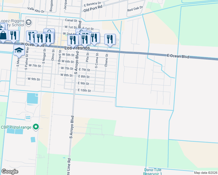 map of restaurants, bars, coffee shops, grocery stores, and more near 409 E 9th St in Los Fresnos