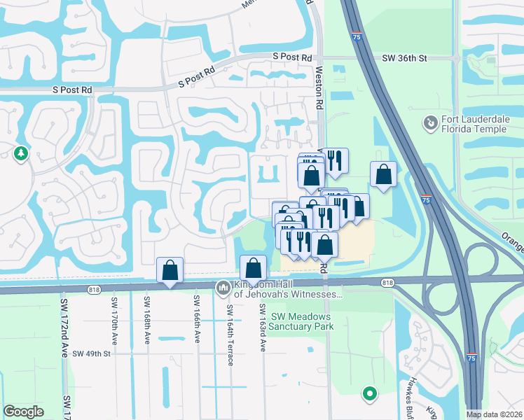 map of restaurants, bars, coffee shops, grocery stores, and more near 16101 Emerald Estates Drive in Weston