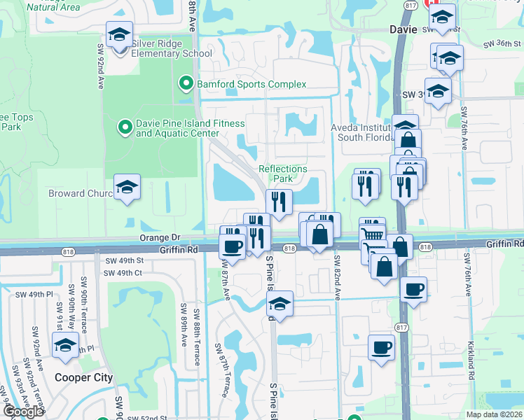 map of restaurants, bars, coffee shops, grocery stores, and more near 4402 Morgan Lane in Cooper City