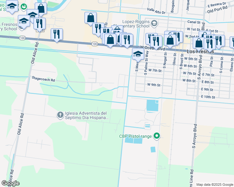 map of restaurants, bars, coffee shops, grocery stores, and more near 427 Legion Trail in Los Fresnos