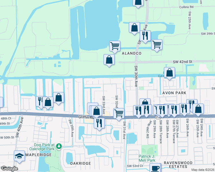 map of restaurants, bars, coffee shops, grocery stores, and more near 3271 Southwest 44th Street in Fort Lauderdale