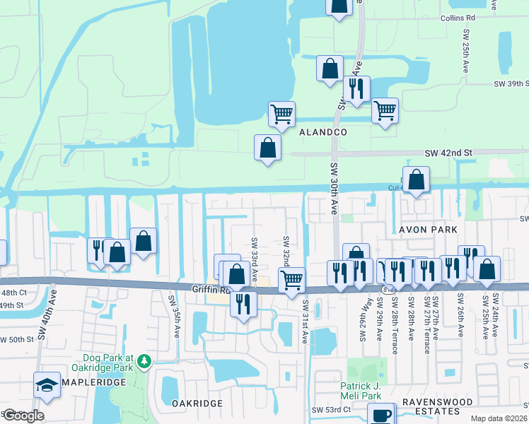 map of restaurants, bars, coffee shops, grocery stores, and more near 3271 Southwest 44th Street in Fort Lauderdale