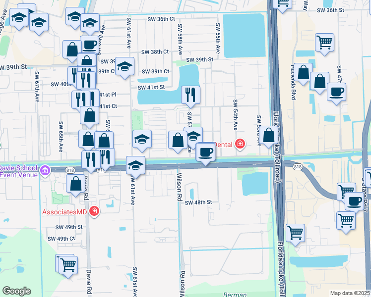 map of restaurants, bars, coffee shops, grocery stores, and more near 5730 Southwest 44th Street in Davie